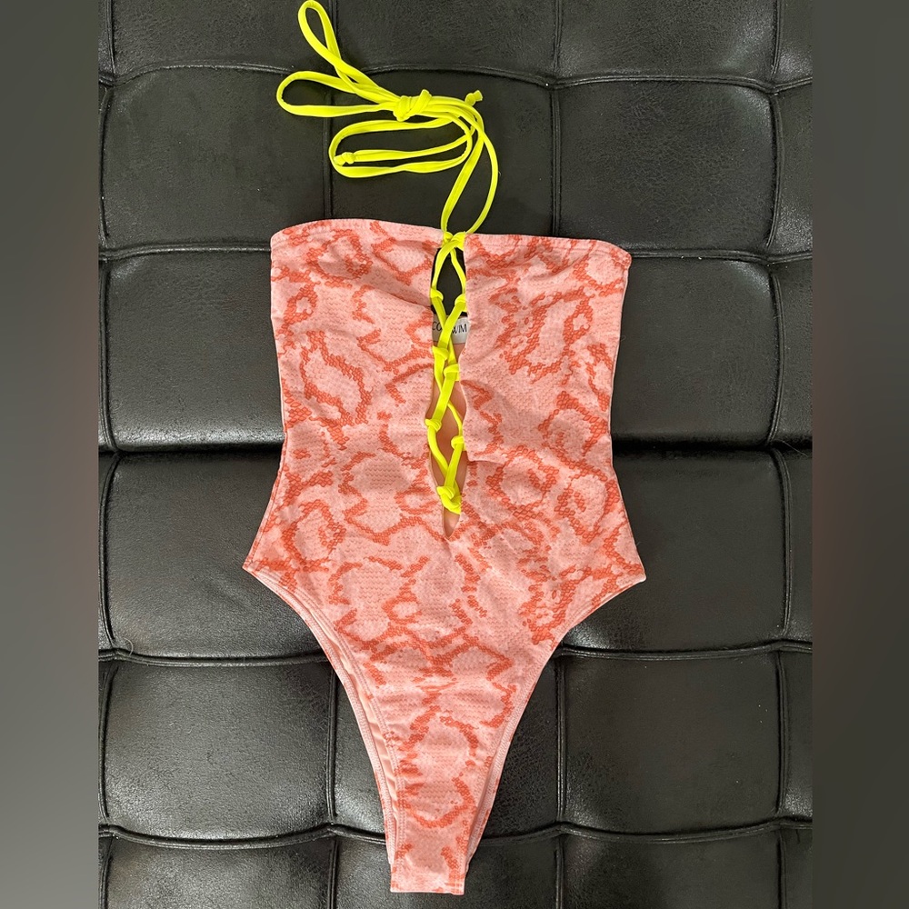 One piece pink snake print bathing suit